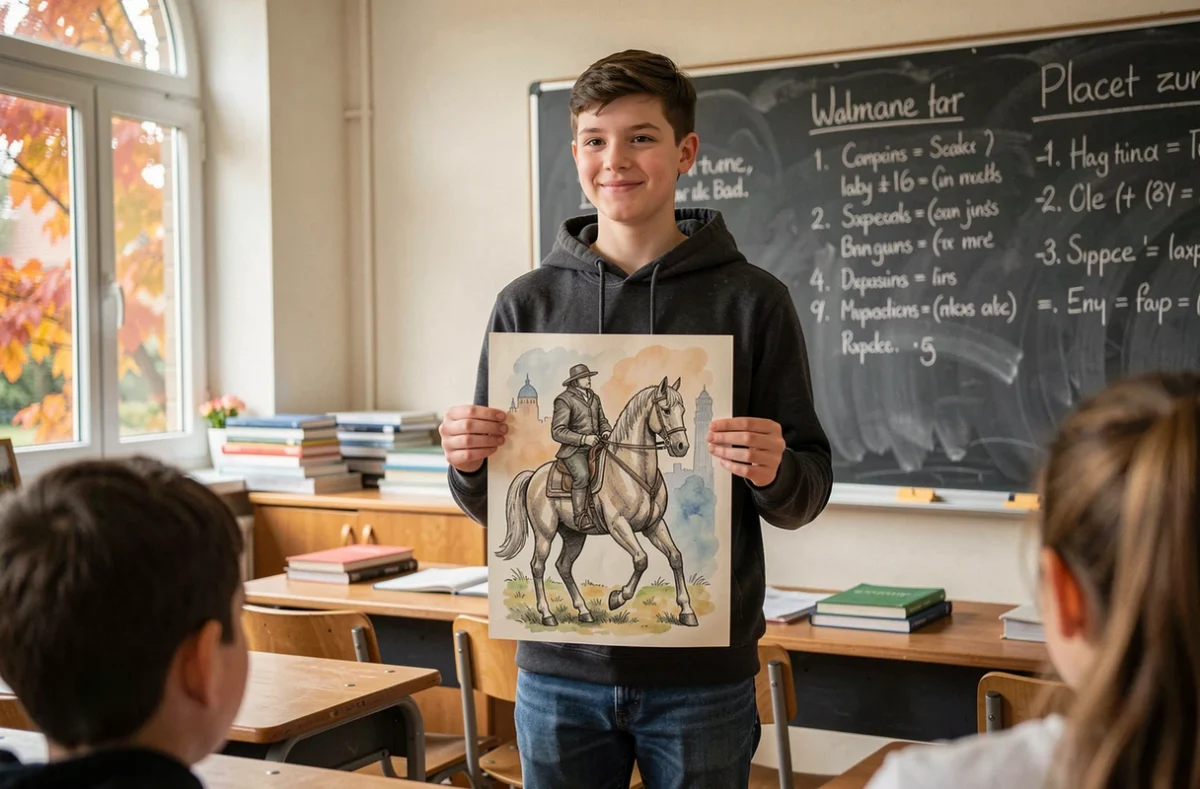Élève adolescent présentant un exposé sur la légende du cavalier sans tête devant un tableau noir en classe