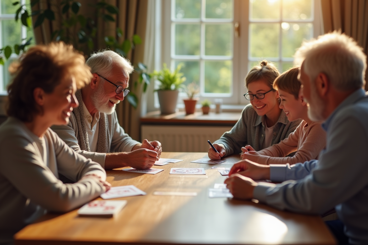 Famille multigenerational jouant à la belote autour d'une table