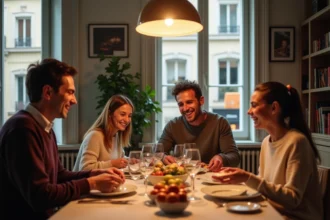 Famille française réunie autour d'un repas de jour férié dans un appartement parisien