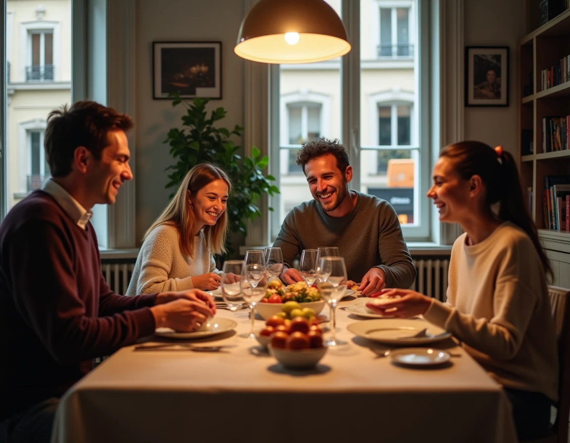 Famille française réunie autour d'un repas de jour férié dans un appartement parisien