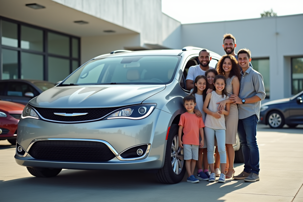 Famille heureuse avec minivan en concession automobile