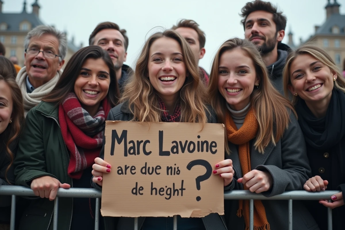 Fans enthousiastes avec panneau sur la hauteur de Marc Lavoine lors d’un concert en ville
