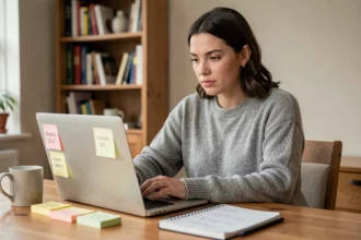 Femme planifiant ses achats en ligne pour le Black Friday France 2026 sur un ordinateur portable depuis son bureau à domicile