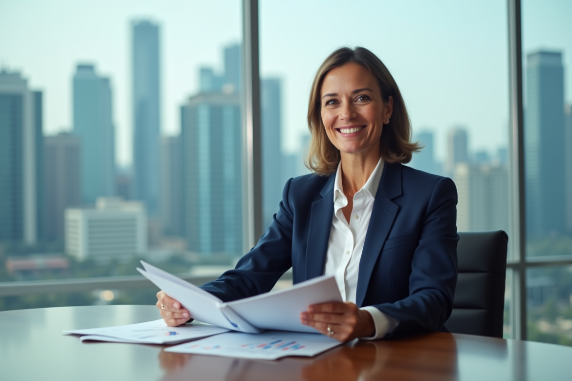 Femme d affaires en costume avec graphiques financiers
