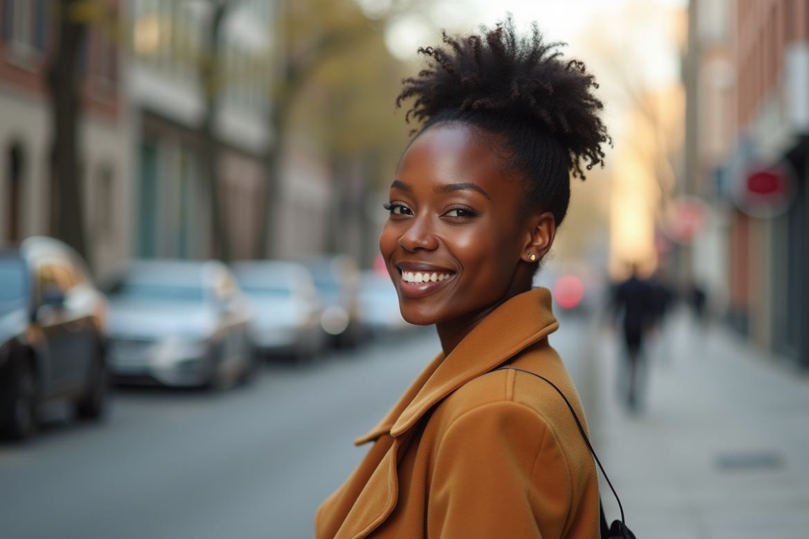 Femme afroconfiante souriante en extérieur en lumière naturelle