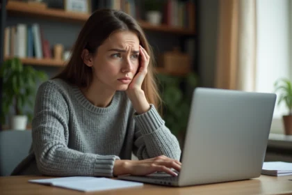 Jeune femme frustrée devant son ordinateur portable découvrant un abonnement Amazon Prime non désiré