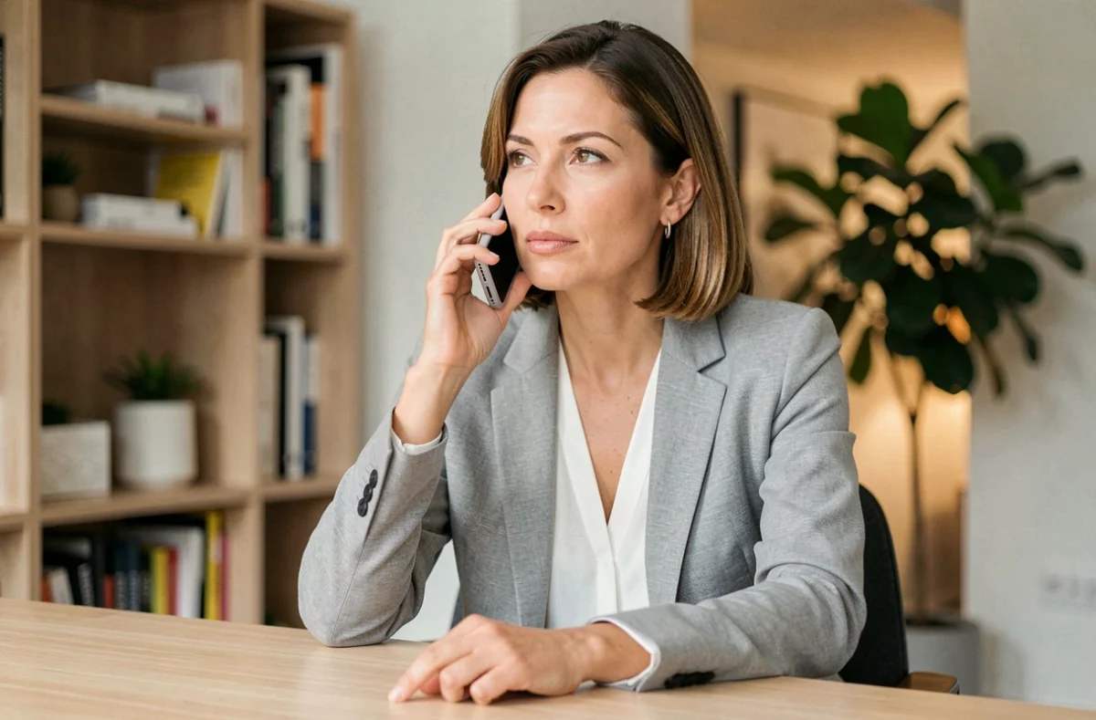 Femme en blazer gris téléphonant depuis un bureau moderne, illustrant un appel international avec indicatif pays