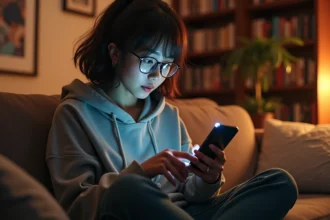 Jeune femme en sweat à capuche consultant une application de suivi d'animés sur son smartphone dans un salon décoré de mangas