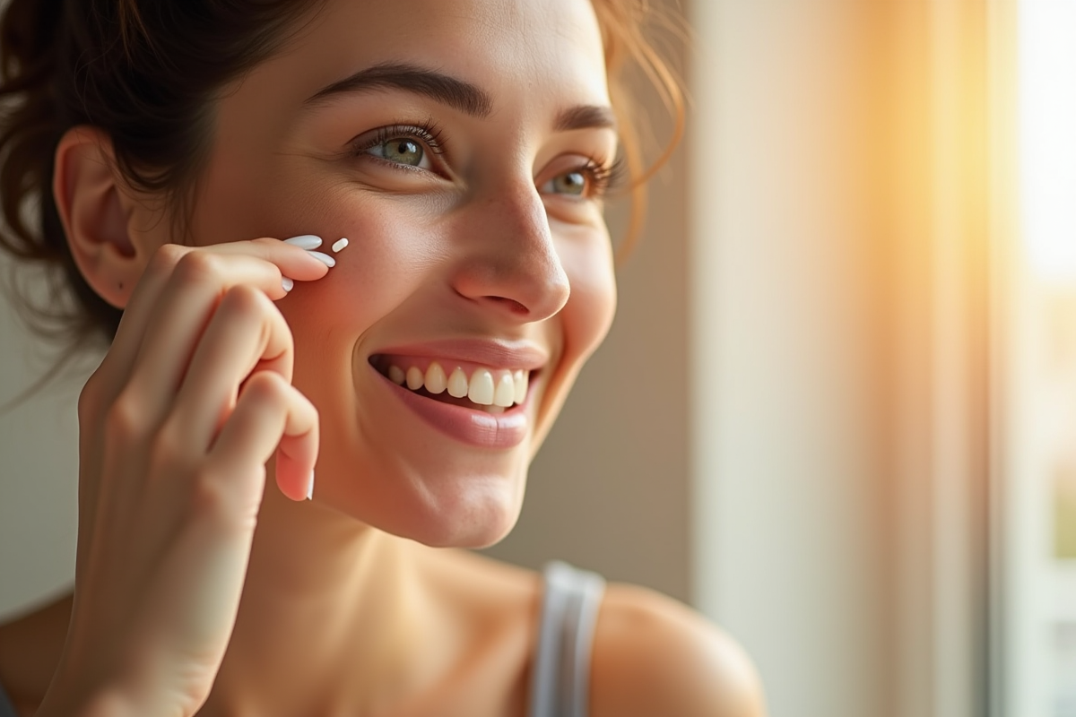 Femme souriante appliquant serum vitamine C sur sa peau