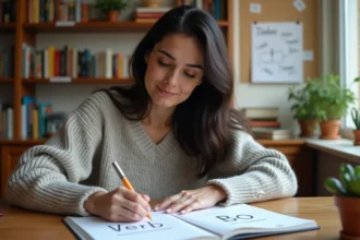 Femme étudie un verbe français sur un carnet à la maison
