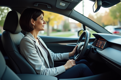 Femme confiante dans une voiture autonome moderne