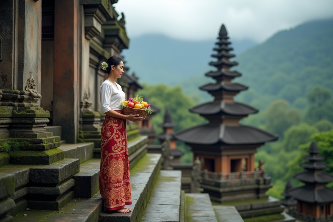 Femme balinaise en kebaya déposant une offrande au temple