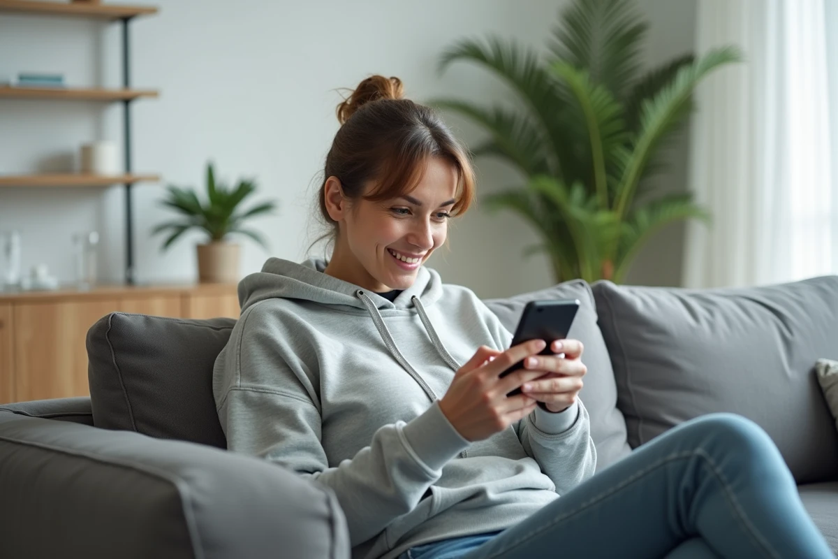 Femme jouant à la belote sur application mobile confortablement installée dans son salon
