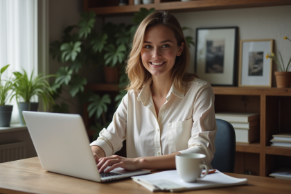 Femme souriante travaillant dans un bureau à domicile