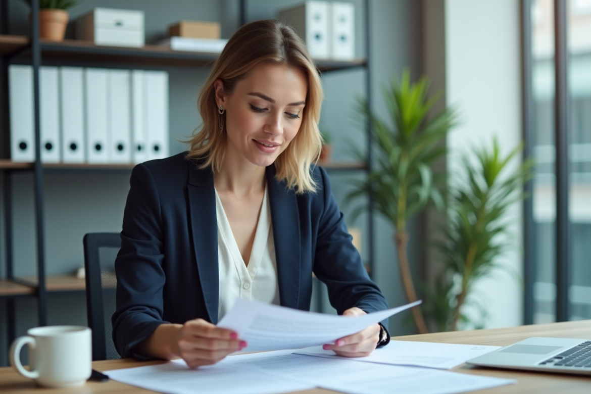 Femme d affaires examine des factures et contrat au bureau