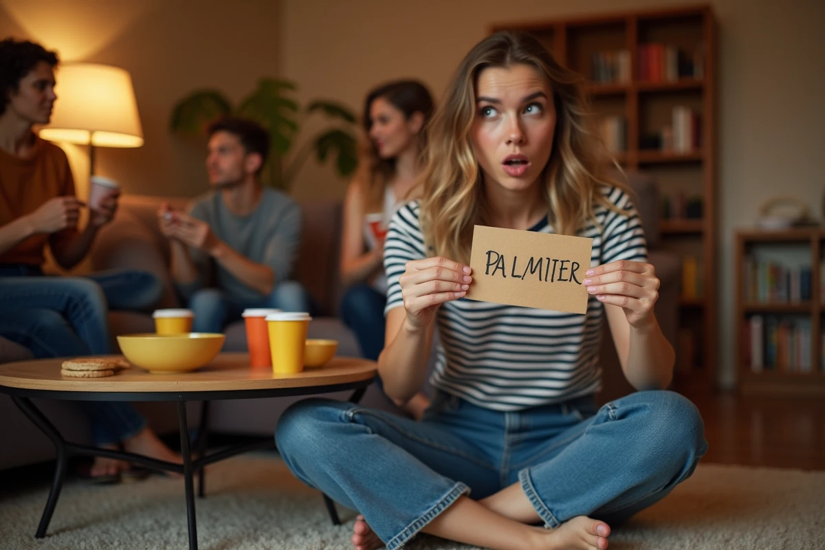 Jeune femme tenant une carte de jeu palmier avec une expression amusée lors d'une soirée entre amis dans un salon