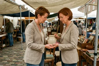 Femme chinant dans une brocante du Nord 59, examinant un vase vintage sur un stand de marché aux puces en plein air