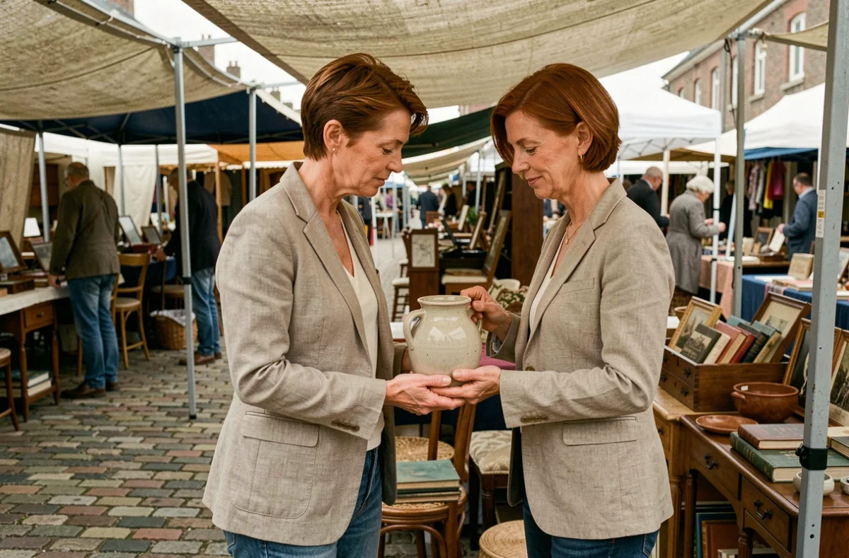 Femme chinant dans une brocante du Nord 59, examinant un vase vintage sur un stand de marché aux puces en plein air