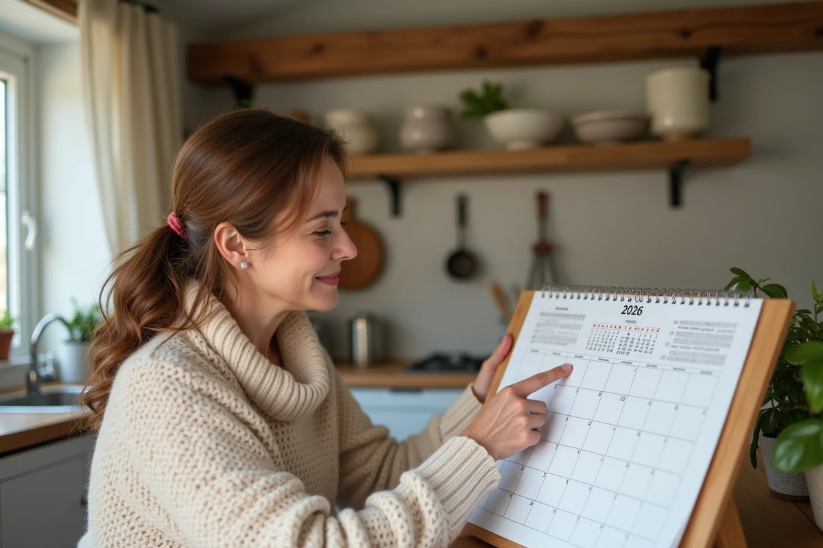 Femme consultant un calendrier mural 2026 dans une cuisine française pour vérifier la fête du jour