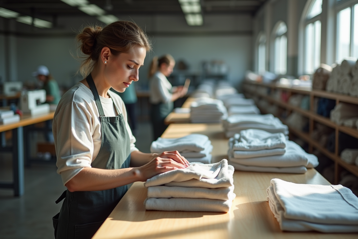 Femme textile inspecte des sweatshirts dans une usine lumineuse
