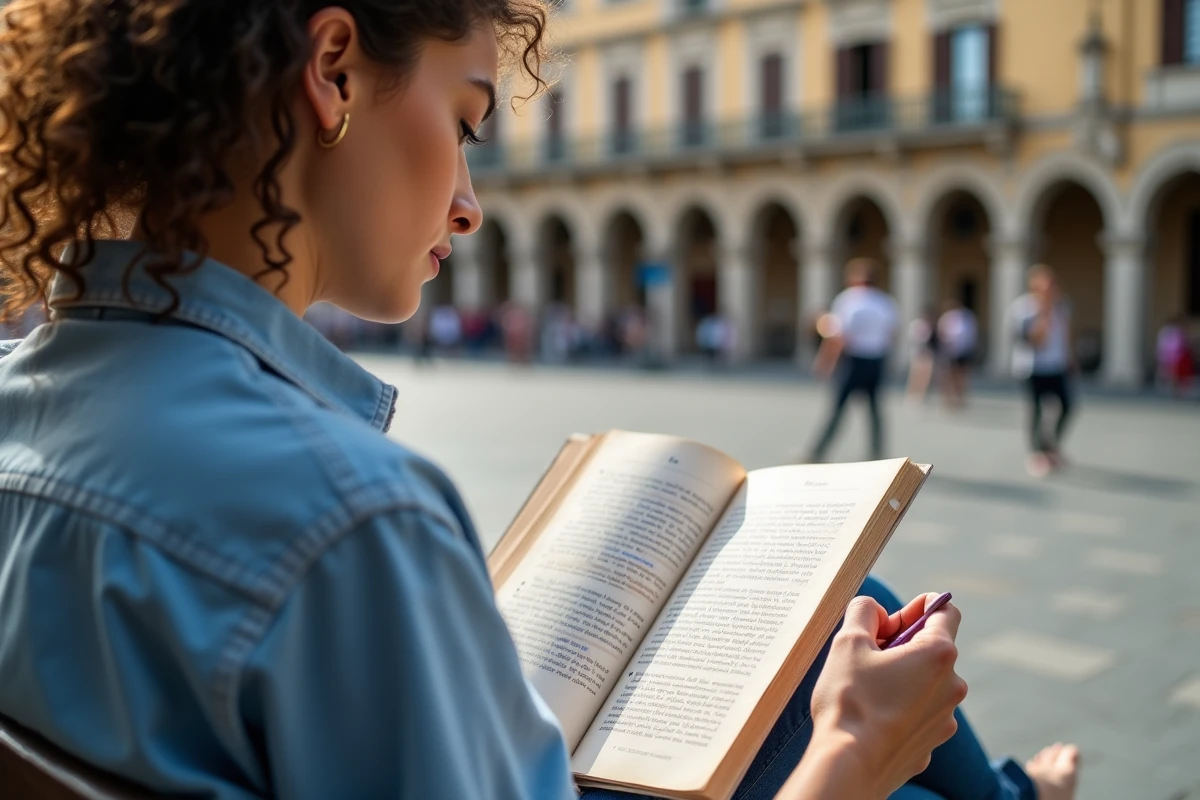 Jeune femme écrivant dans un livre de mots croisés en plein air