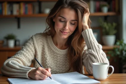 Femme concentrée avec puzzle dans une cuisine chaleureuse