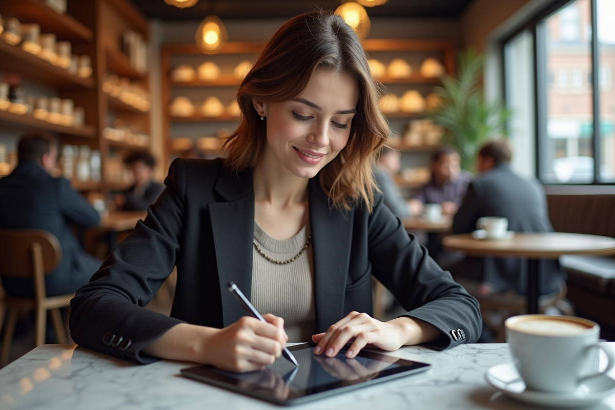 Jeune femme dessinant sur une tablette Windows au café