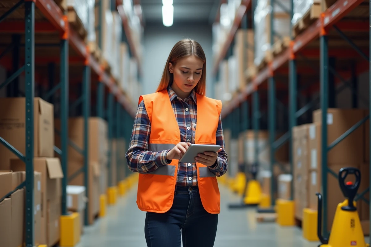 Jeune femme vérifiant inventaire avec tablette dans l