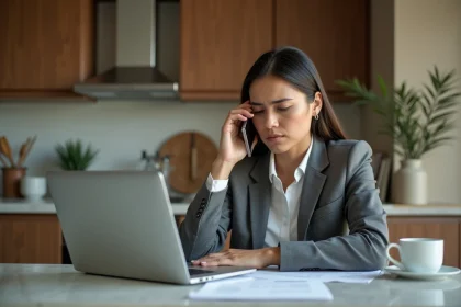 Femme professionnelle frustrée au téléphone dans la cuisine