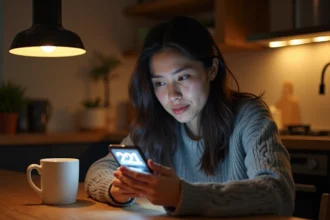 Femme regardant son téléphone afficher 21h21 dans une cuisine la nuit, expression de surprise et d'introspection liée aux heures miroirs