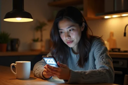 Femme regardant son téléphone afficher 21h21 dans une cuisine la nuit, expression de surprise et d'introspection liée aux heures miroirs