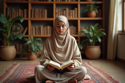 Femme en hijab lisant le Coran dans un intérieur paisible