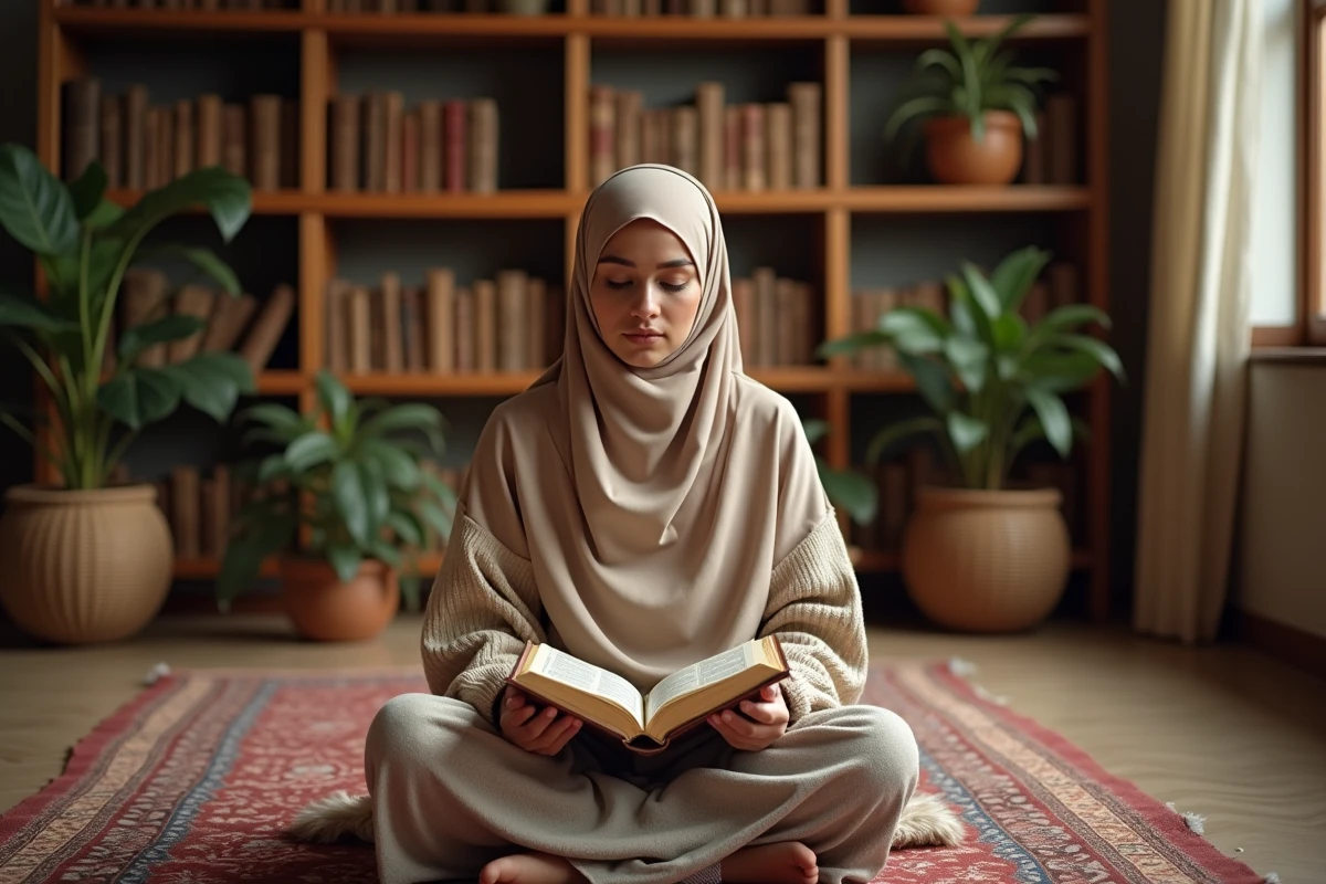 Femme en hijab lisant le Coran dans un intérieur paisible