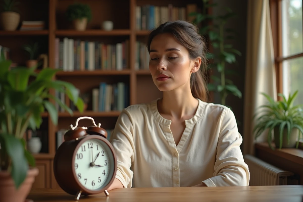 Femme contemplant une horloge affichant 08h08, symbolisant la signification spirituelle du nombre angélique 0808