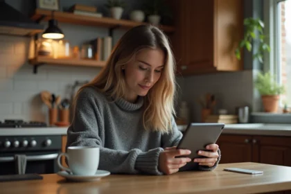 Jeune femme concentrée jouant à un jeu de mots sur sa tablette