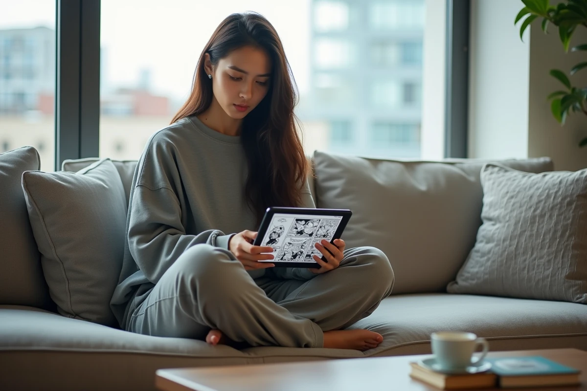 Jeune femme lisant un chapitre de manga One Piece sur tablette dans son salon