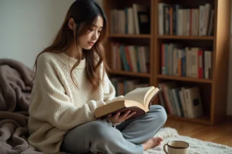 Jeune femme lisant un long manga yaoi confortablement installée sur le sol de sa chambre avec une pile de volumes
