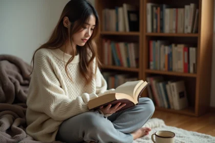 Jeune femme lisant un long manga yaoi confortablement installée sur le sol de sa chambre avec une pile de volumes
