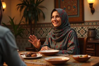 Femme marocaine en djellaba fleurie à table pour le ftour pendant le ramadan, souriant et répondant poliment à une invitation