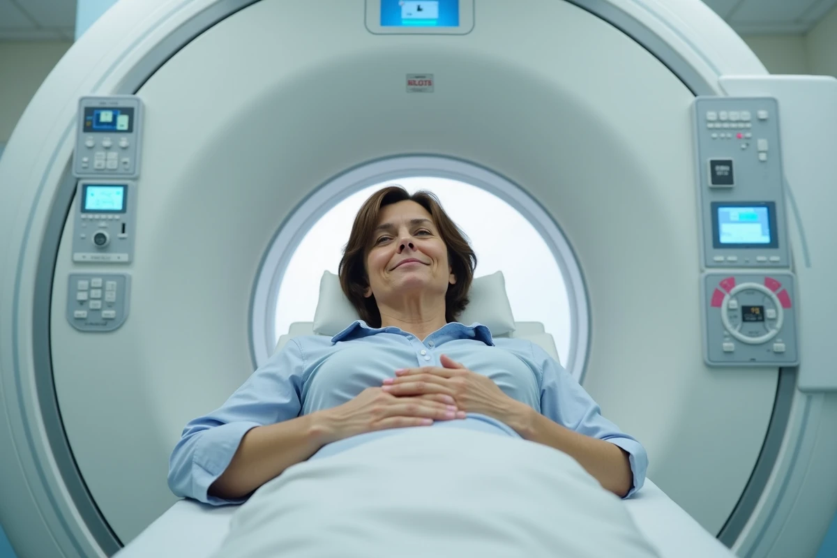Femme d'âge moyen prête pour un scanner MRI dans un hôpital