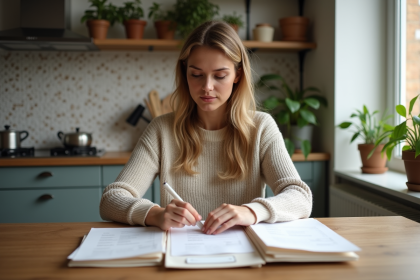 Jeune femme triant des papiers dans une cuisine lumineuse