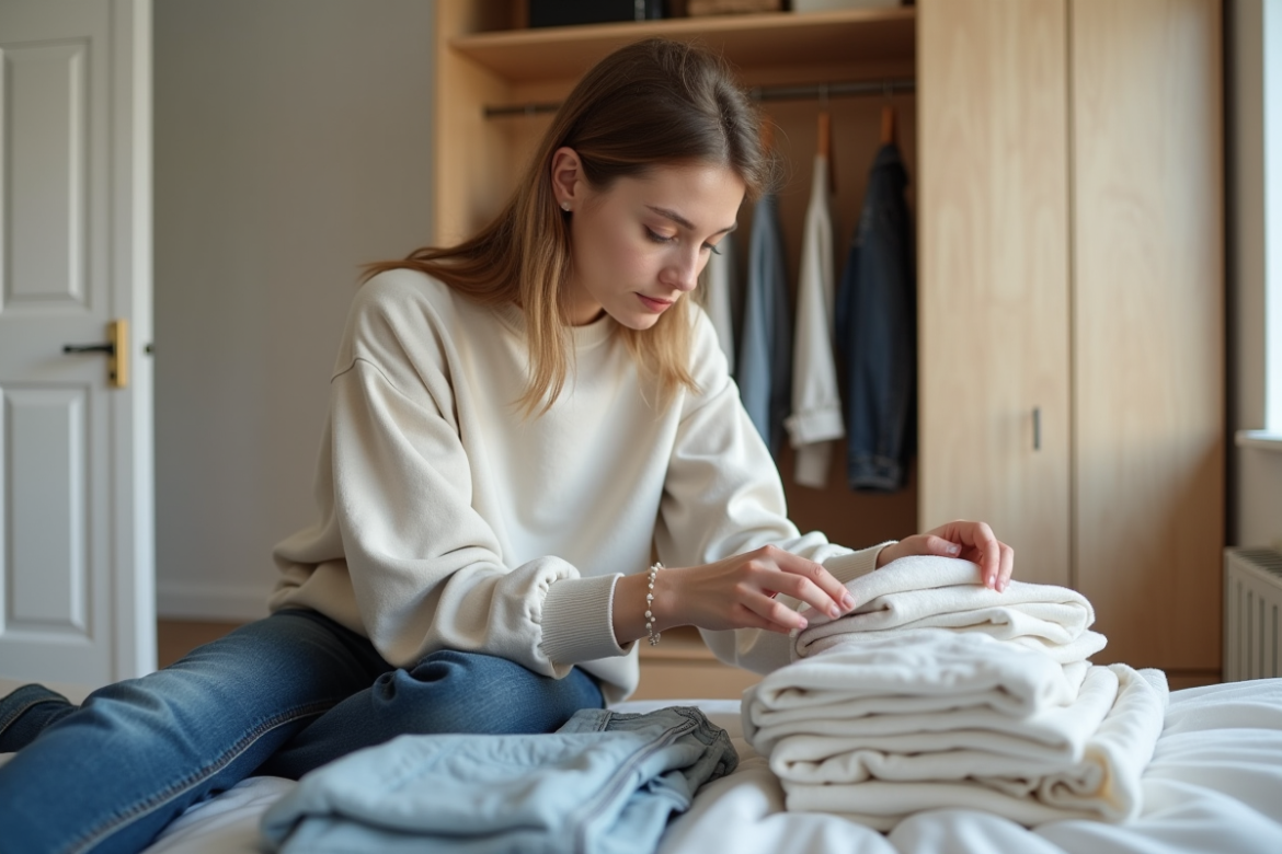 Femme triant des basics de garde-robe dans une chambre scandinave