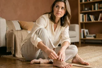 Femme assise pieds nus se grattant le pied gauche avec une expression pensive et introspective