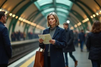 Femme consultant un plan du métro parisien ligne 6 sur le quai d'une station aérienne