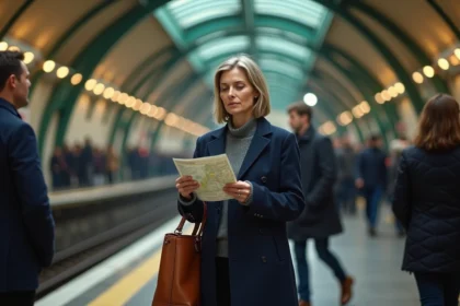 Femme consultant un plan du métro parisien ligne 6 sur le quai d'une station aérienne