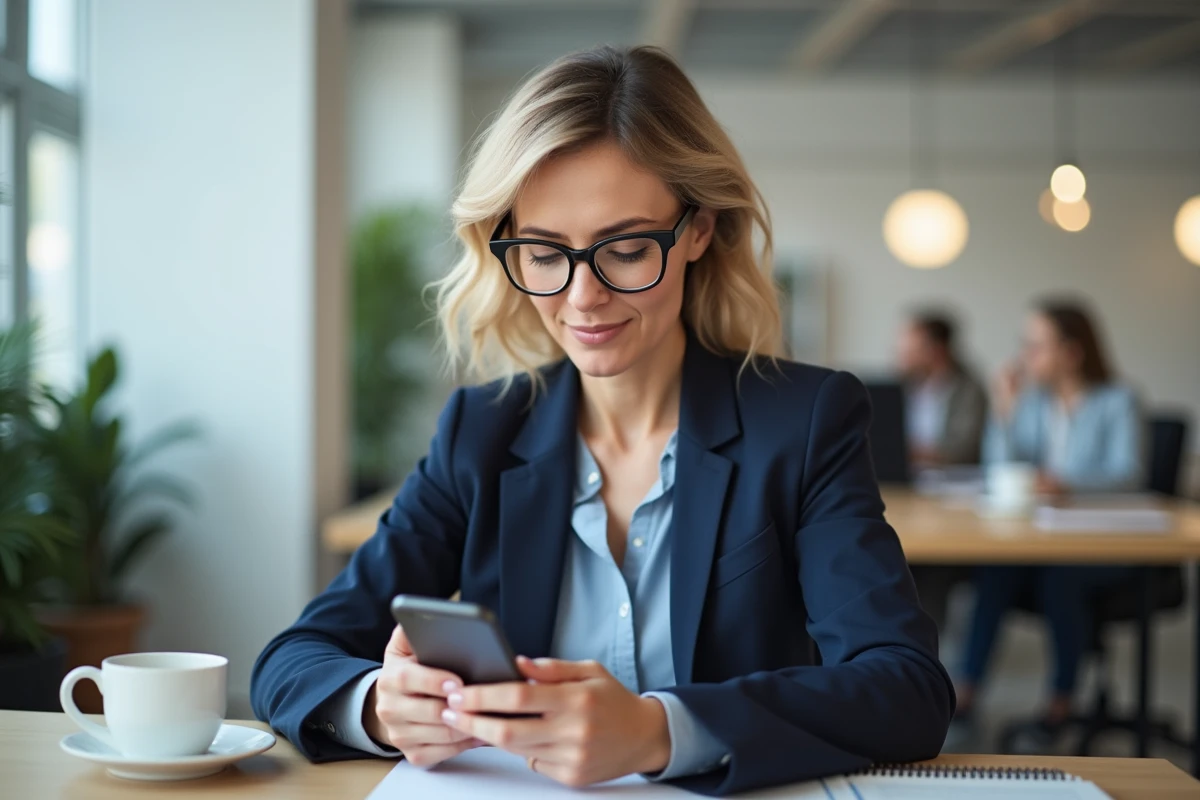 Femme professionnelle relisant un SMS professionnel sur son smartphone au bureau, hésitant sur la formulation correcte