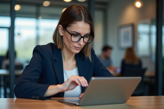 Femme professionnelle en blazer bleu examine une tablette numérique