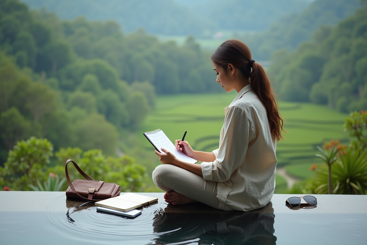 Femme seule organisant son budget au bord d
