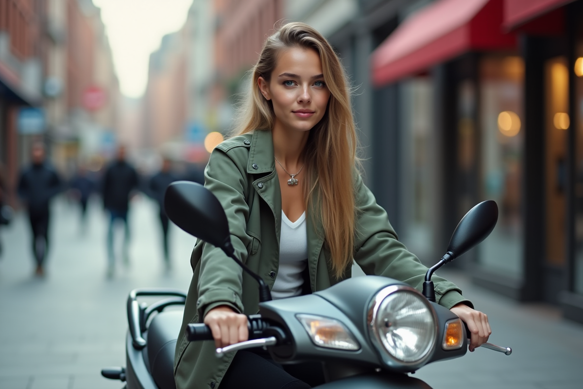 Jeune femme assise sur un scooter 50cc en ville