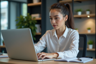 Jeune femme professionnelle analysant des données SEO au bureau